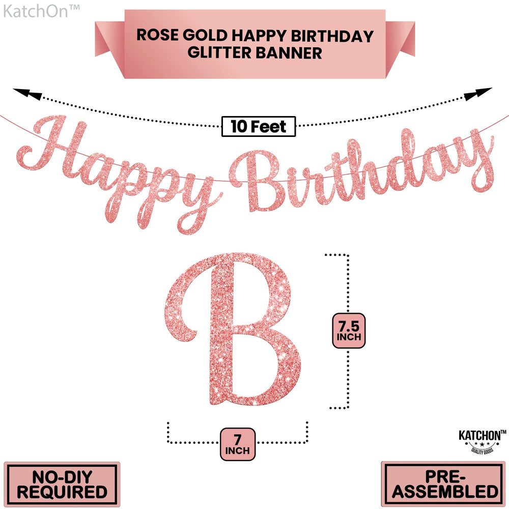KatchOn pre-strung rose gold banner ready to hang for quick party setup.