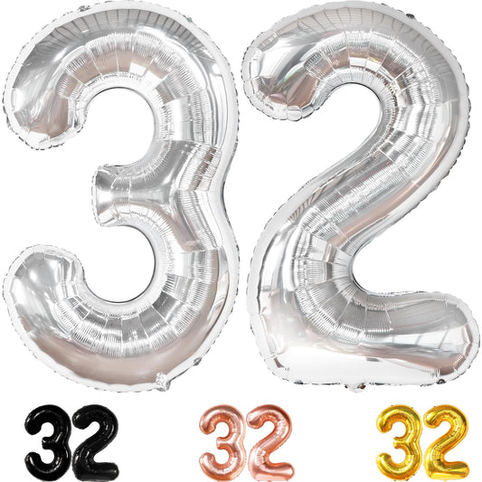 KatchOn silver 32 number balloon in 40 inch size for striking 32nd birthday backdrops