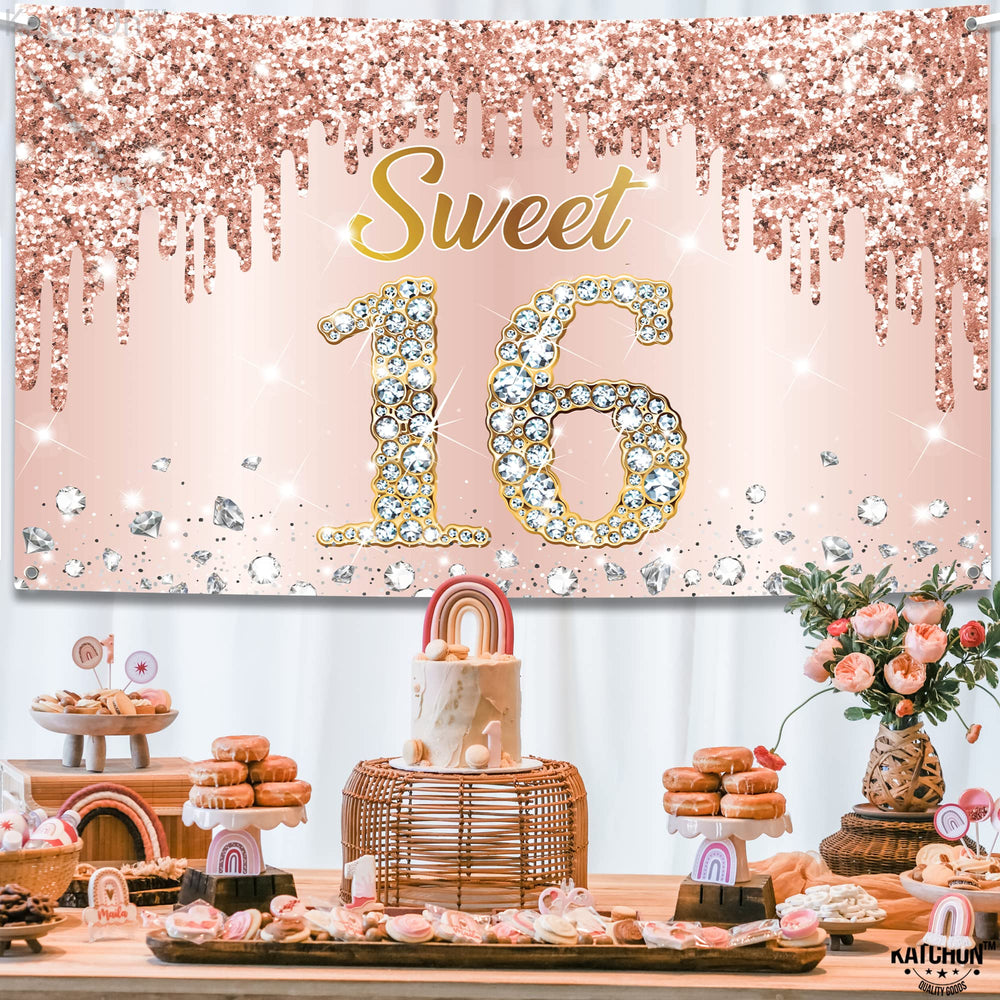 KatchOn sweet 16 backdrop with rose gold diamonds adds glam to the celebration.