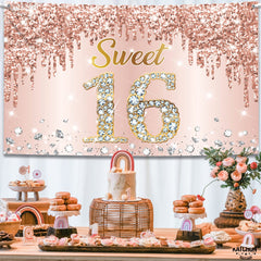 KatchOn sweet 16 backdrop with rose gold diamonds adds glam to the celebration.