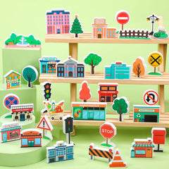 Kathfly town buildings and signs wooden pieces promote storytelling and teamwork through open-ended play.