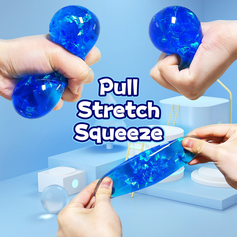 Kawaite stretchy stress ball being squeezed promotes finger strength and tactile play.