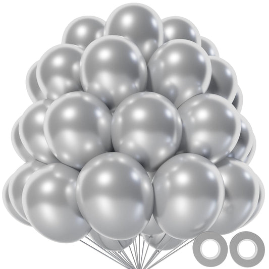 KAWKALSH metallic silver 12-inch balloon pack adds futuristic shine to events
