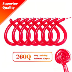 KAWKALSH red long balloons for twisting shapes, ideal for creative displays.