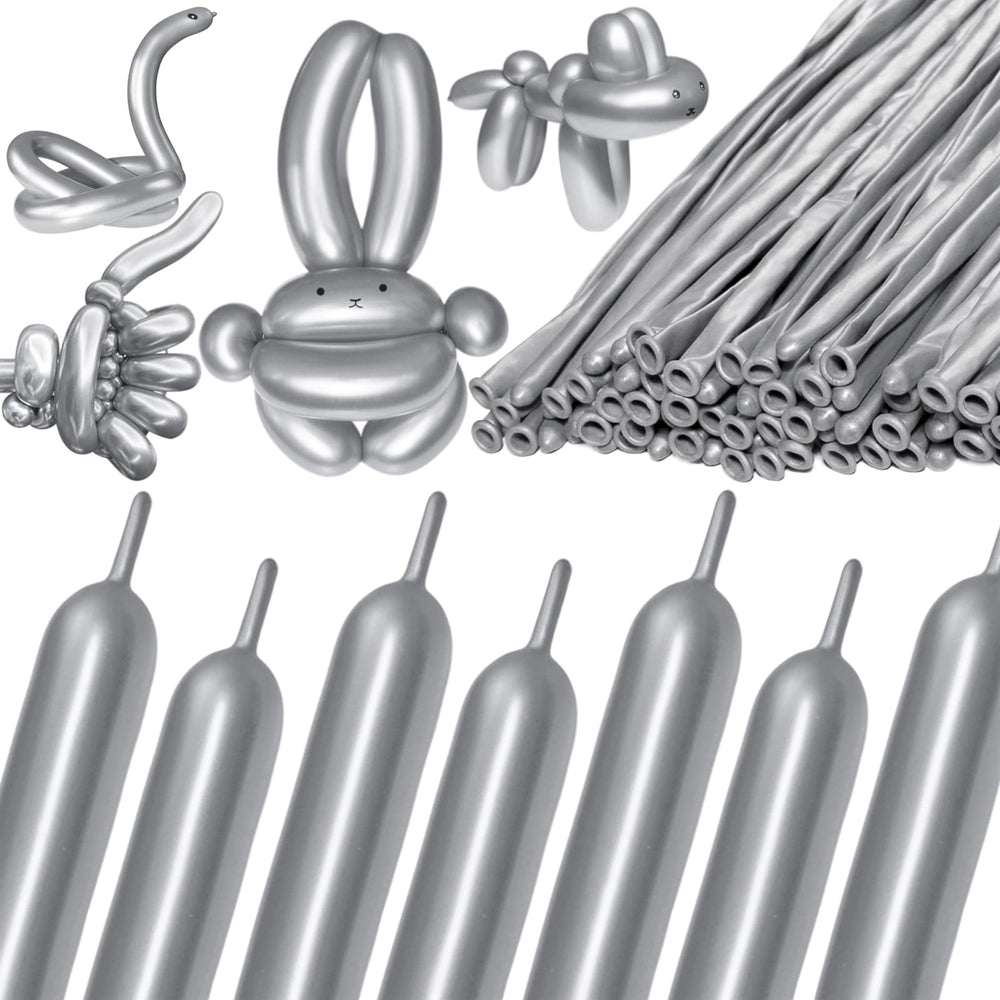 KAWKALSH 260 metallic-silver long balloons for vibrant balloon garlands and arches.