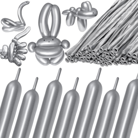 KAWKALSH 260 metallic-silver long balloons for vibrant balloon garlands and arches.