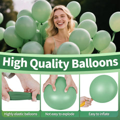 KAWKALSH Sage Green latex balloons close-up showing durable material.