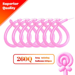 Close-up of thick latex balloons highlighting 20% extra thickness for reliable shapes.