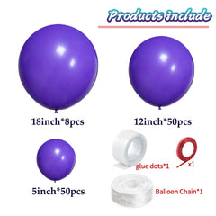 KAWKALSH Purple Balloon Arch Kit 12-inch balloons arranged for a vibrant garland backdrop.