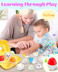 kecristv colorful eggs and shapes fit into the blue tray, aiding matching.