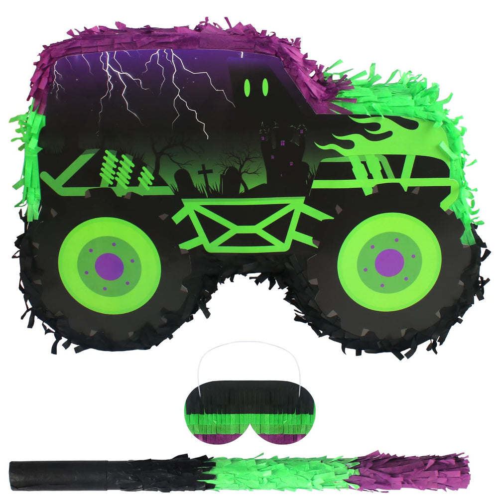 Kedaijin green-purple monster truck pinata front view for vibrant party decor and interactive fun.