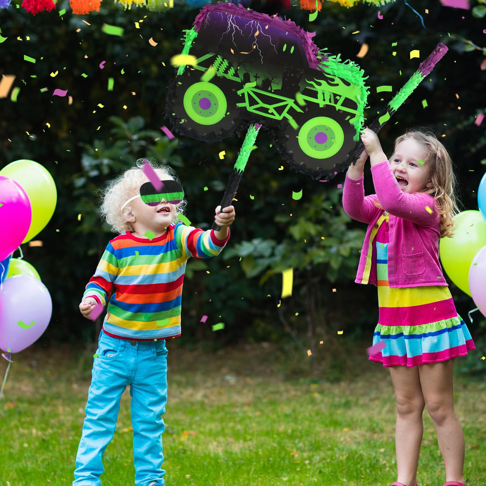 Kedaijin monster truck pinata hanging display enhances party ambiance and visibility.