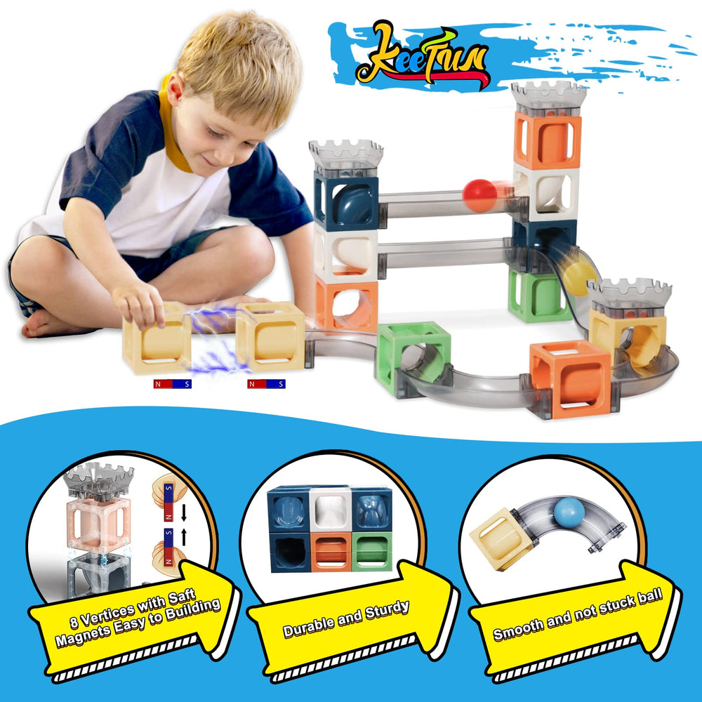 Keefun Marble Run track construction showing colorful pathways and magnetic joins.