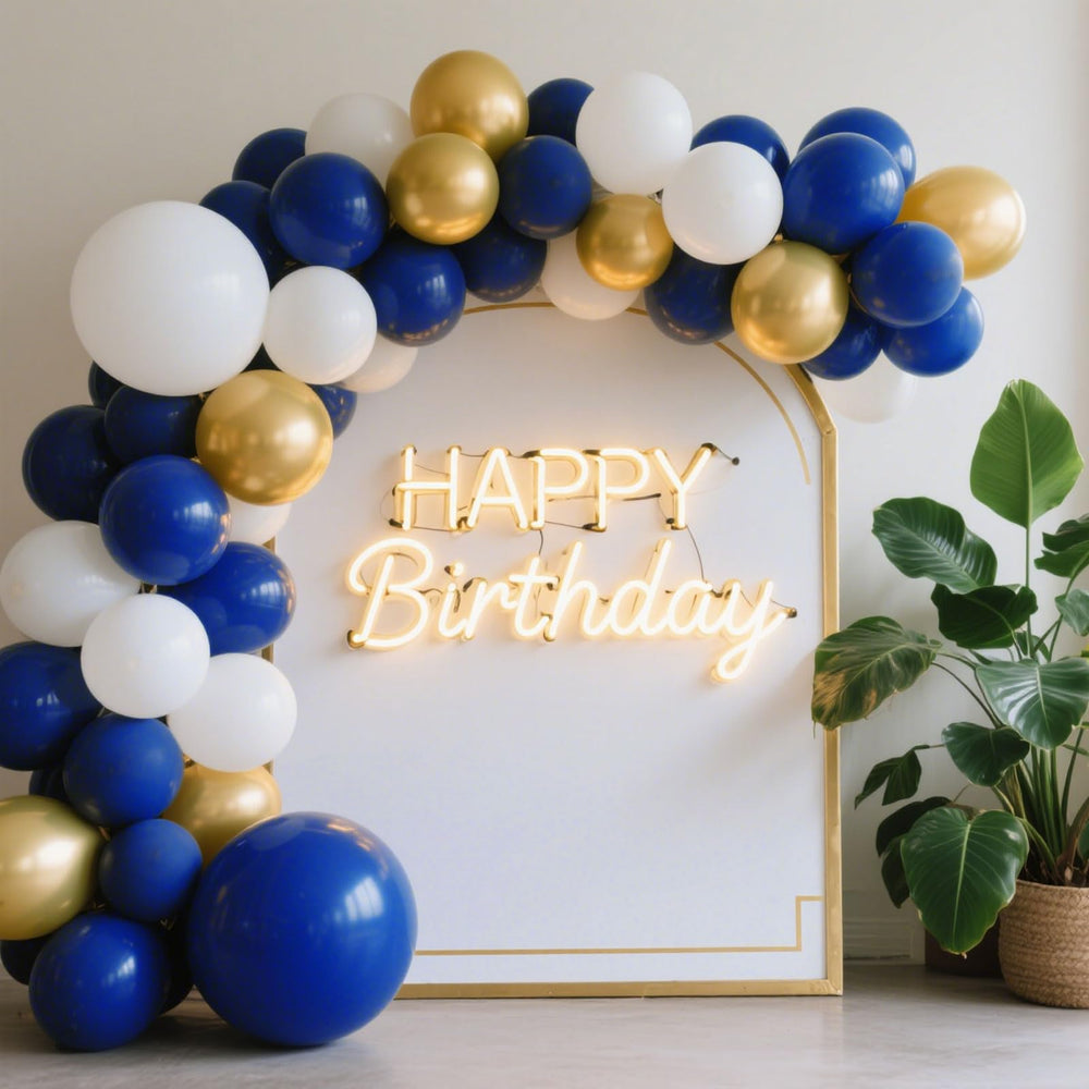 K.E.J Royal Blue balloon arch setup as wall décor idea for parties.