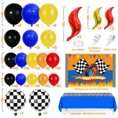 Blue racetrack tablecloth helps protect surfaces and adds a bold racing motif to the table.