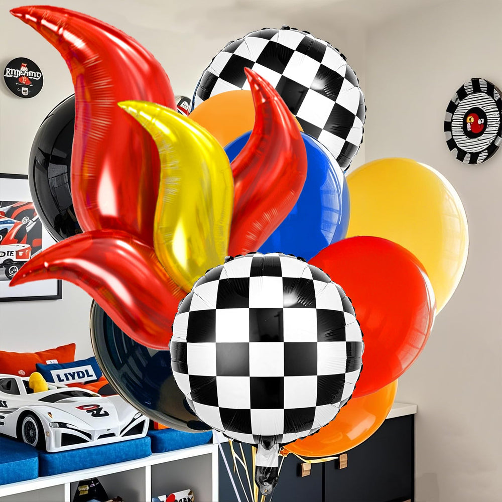 Latex balloons in multiple colors provide vibrant, scalable decor for a festive race party.