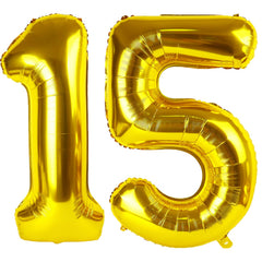 Kelfuoya 40-inch gold number 15 balloon ready for wall display and photo backdrop.