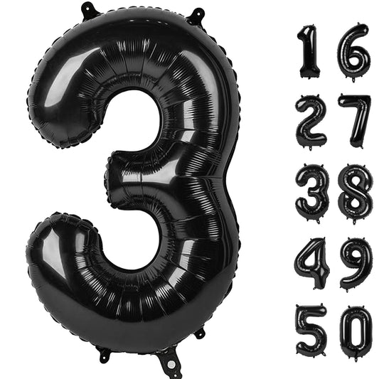 Kelfuoya 40-inch black foil number 3 balloon creates a bold birthday backdrop.
