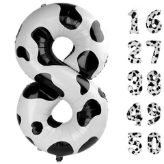 Kelfuoya 40-inch cow print foil number 8 balloon for bold birthday celebrations.