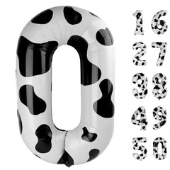 Kelfuoya 40-inch cow-print number-0 balloon; durable foil decor for long-lasting party displays.