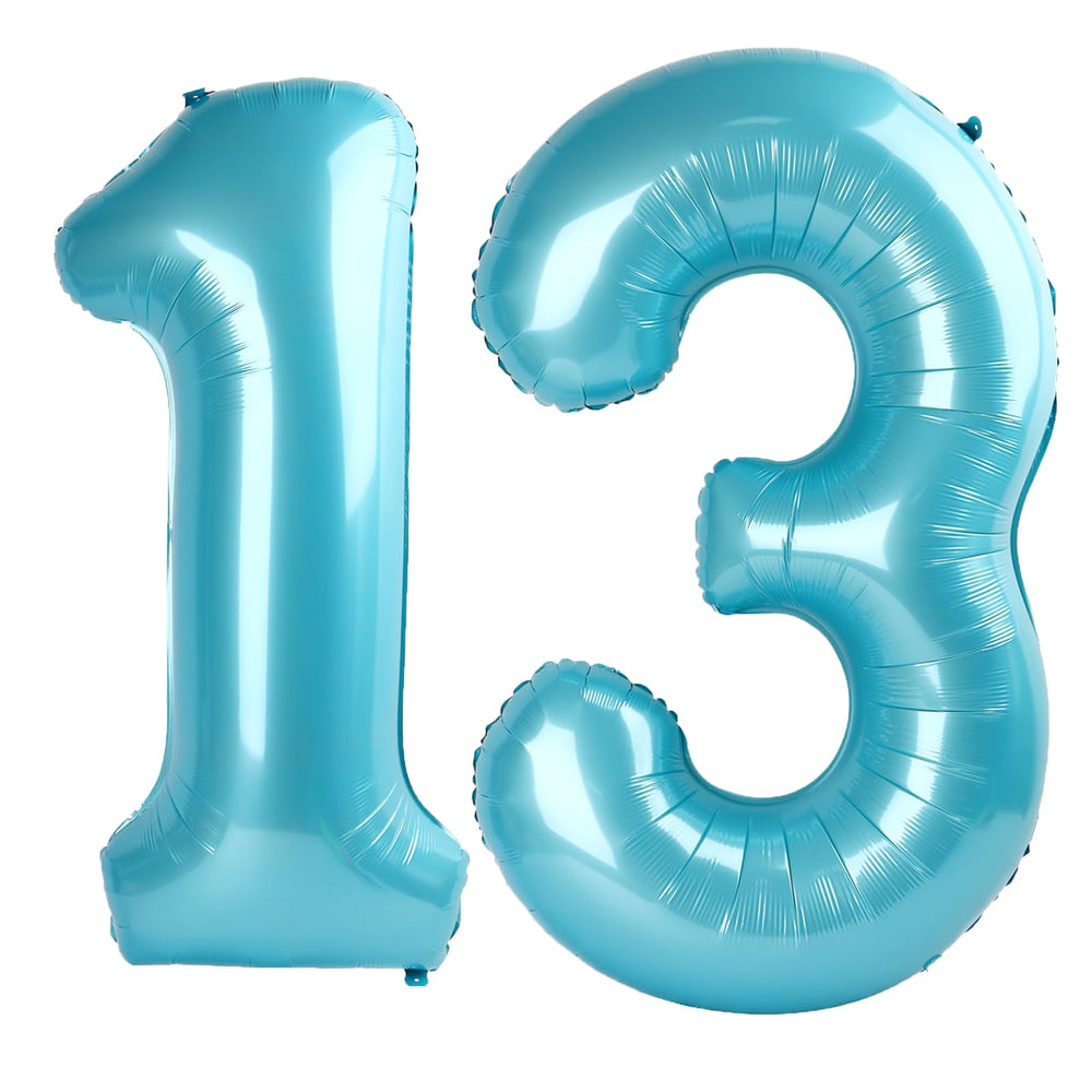 Kelfuoya 40inch light-blue number 13 balloon on display for birthdays and anniversaries.