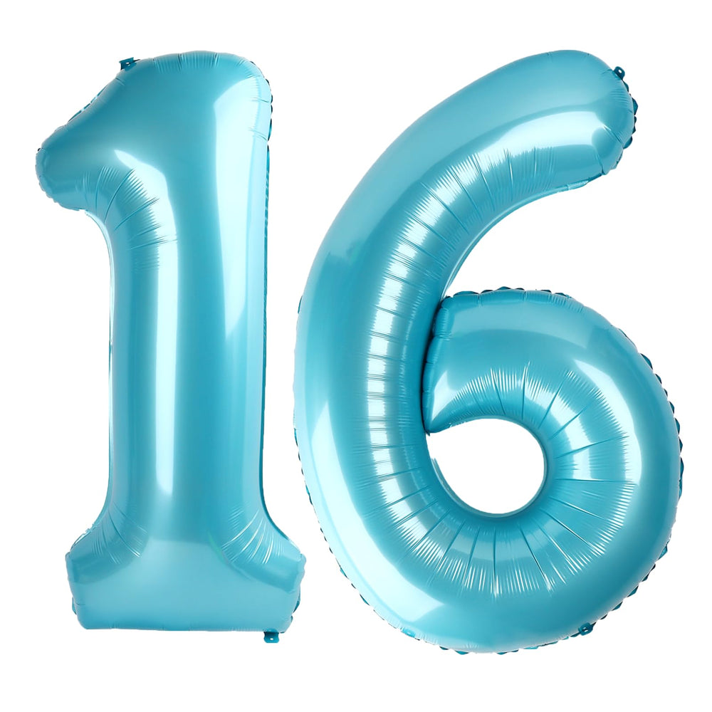 Kelfuoya 40-inch light-blue number 16 balloon on wall for vibrant party backdrops.