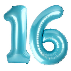 Kelfuoya 40-inch light-blue number 16 balloon on wall for vibrant party backdrops.