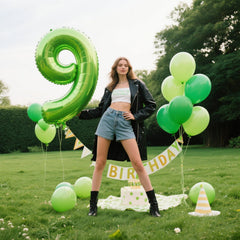 Kelfuoya 40 inch light green number 9 balloon in use as a backdrop