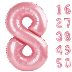Kelfuoya 40-inch pearlescent pink number 8 balloon creates a bold birthday backdrop