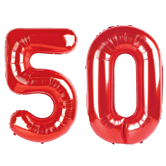 Kelfuoya 40-inch red number 50 balloon for milestone celebration backdrop.