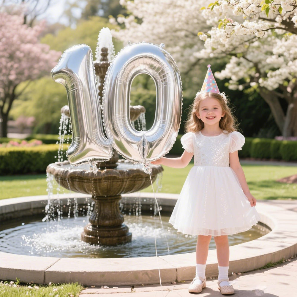 Kelfuoya 40-inch silver number 10 balloon birthday theme adds elegance.