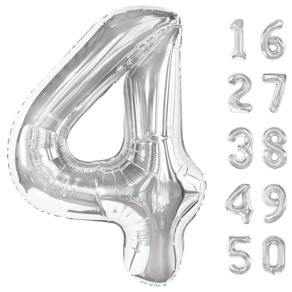 Kelfuoya 40-inch silver number 4 balloon creates a bold photo backdrop for birthdays.