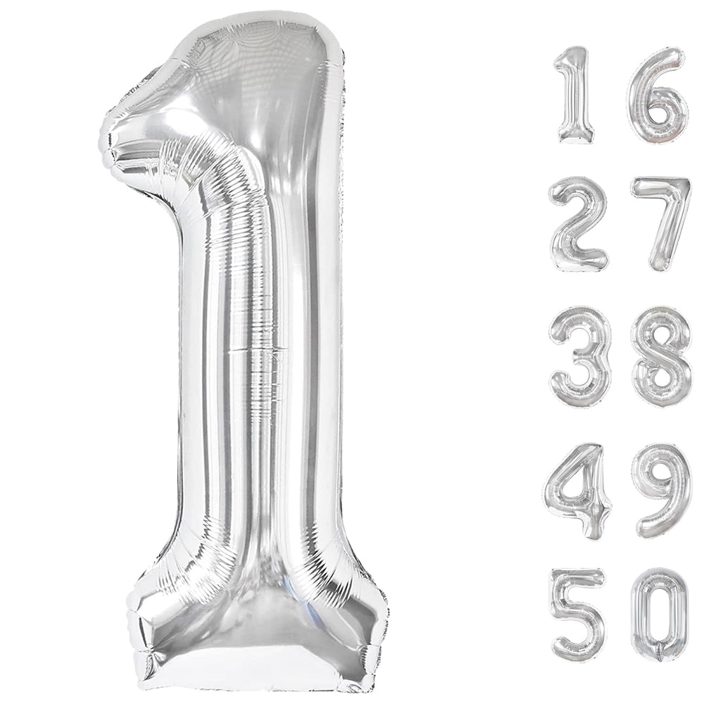 Kelfuoya 40-inch silver number balloon on wall creating a striking birthday backdrop.