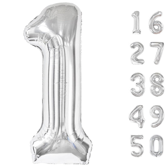 Kelfuoya 40-inch silver number balloon on wall creating a striking birthday backdrop.