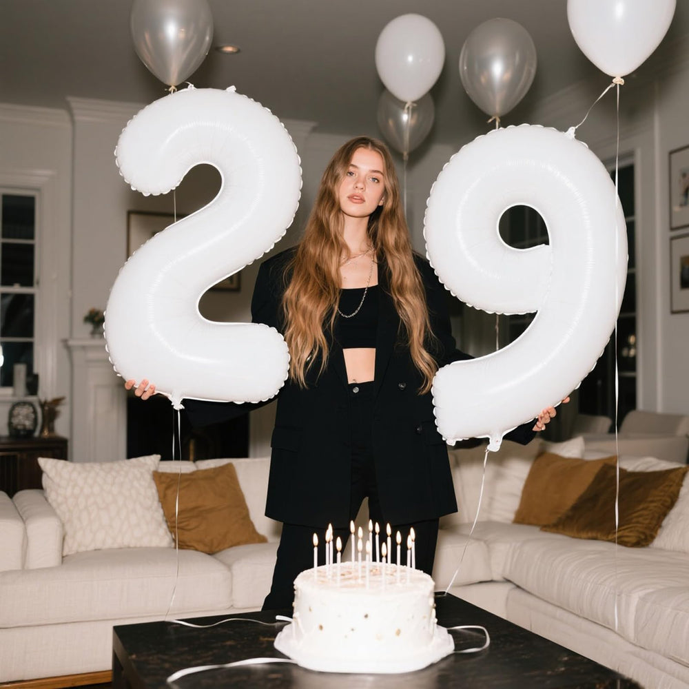 Kelfuoya 40-inch white foil balloon creates a dramatic backdrop.