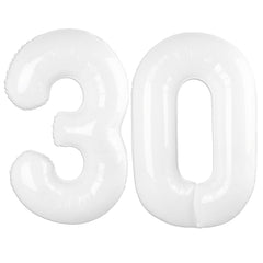 Kelfuoya 40-inch white number 30 balloon on display adds elegant birthday decor
