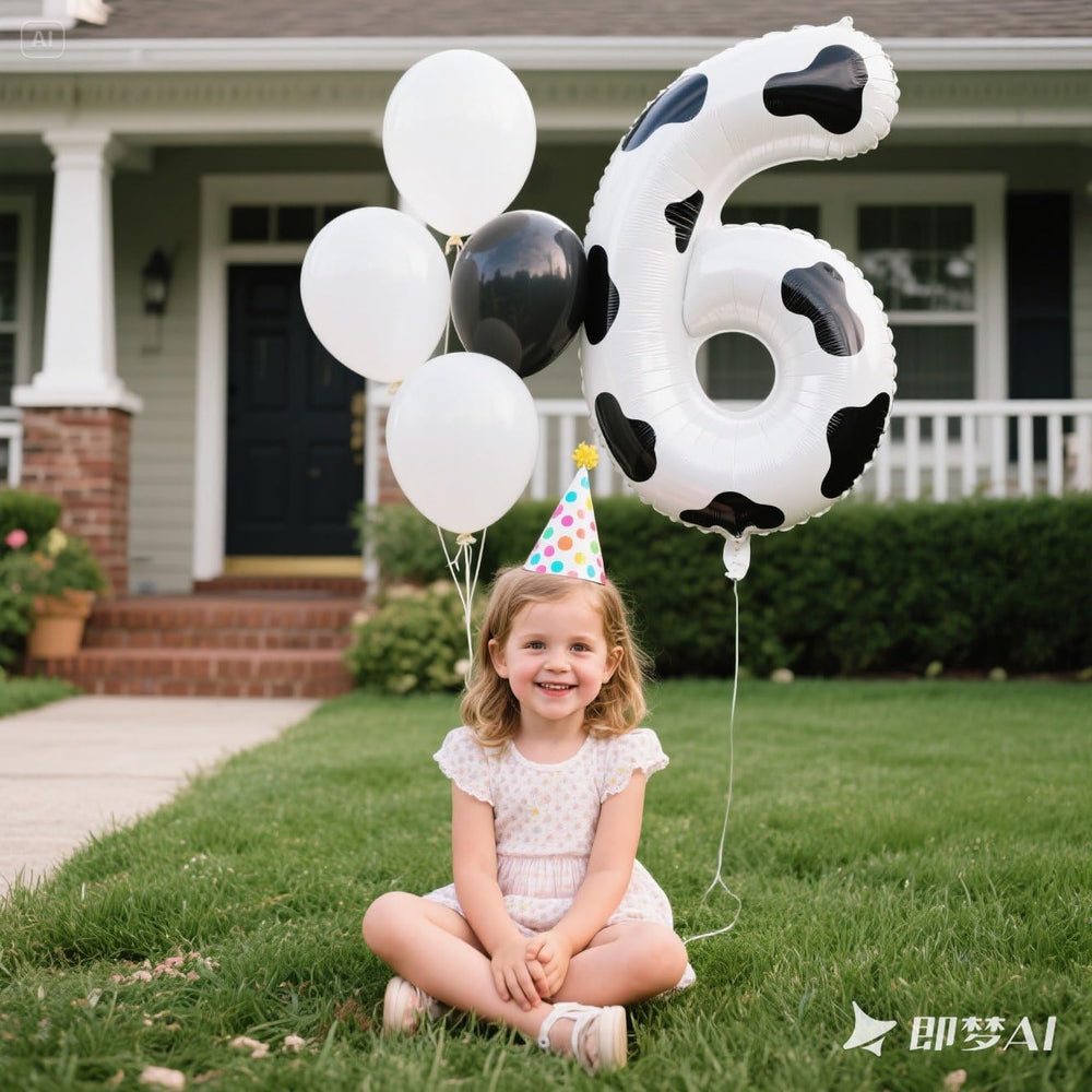 Kelfuoya birthday decor setup showcasing a large 40 inch cow-print number balloon.