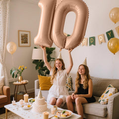 Kelfuoya 40-inch caramel number 0 balloon wall display adds elegant scale.