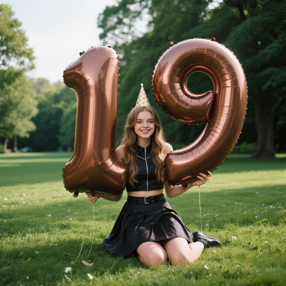 Kelfuoya dark brown foil number balloon mounted on wall adds elegant milestone ambiance.