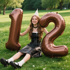 Kelfuoya dark brown number 12 foil balloon closeup for premium party decorations.