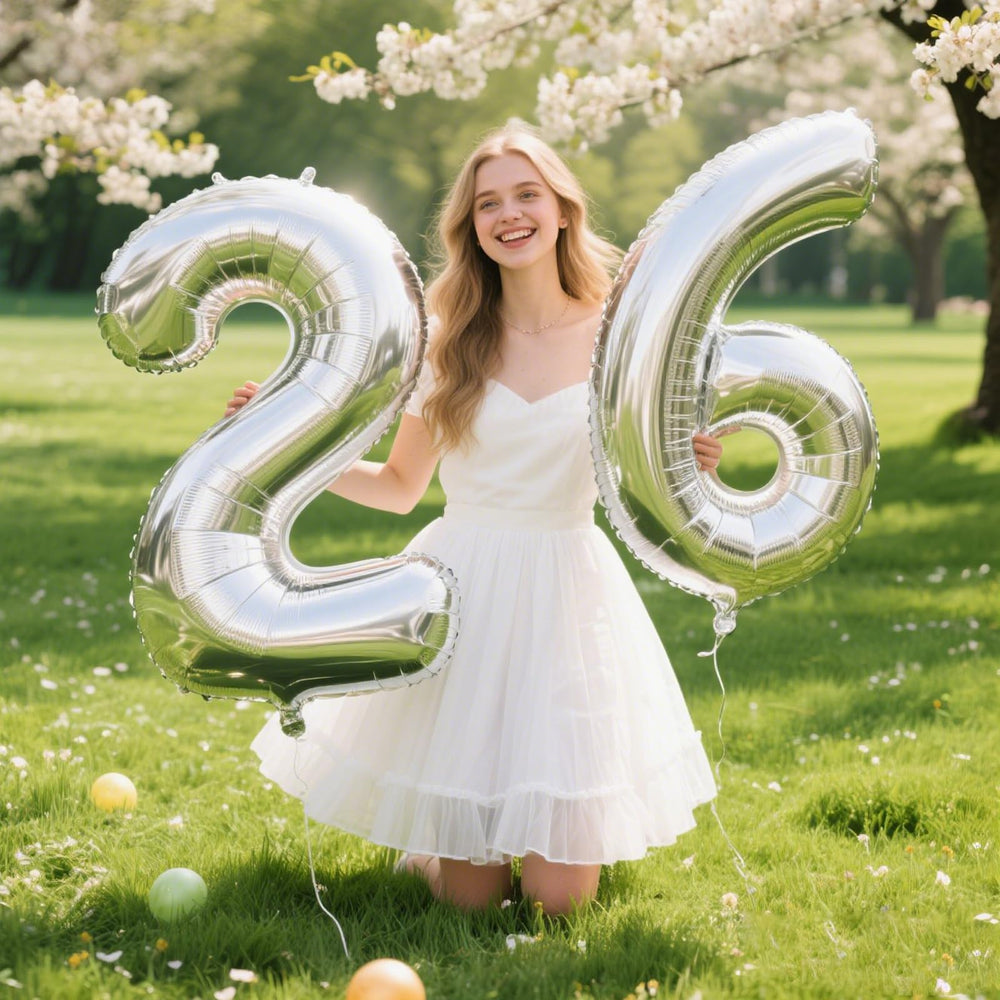 Kelfuoya giant number 26 decor in silver enhances wedding or milestone party backdrops.