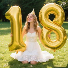Kelfuoya gold number 18 balloon wall display creates a festive centerpiece.