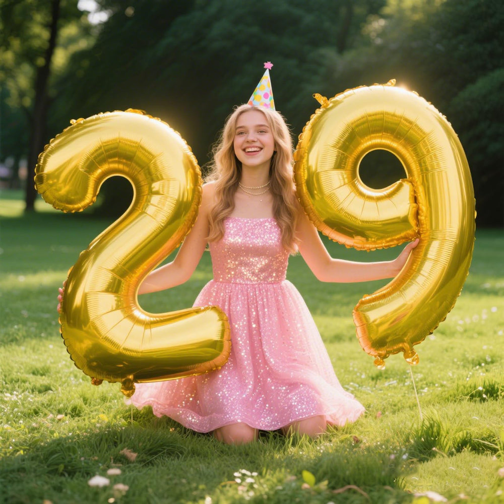 Kelfuoya gold 29th birthday balloon brightens stages and photos.