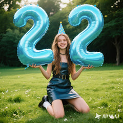 Kelfuoya light blue number 22 balloon mounted on wall for photos.