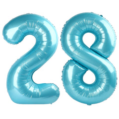 Kelfuoya light blue 28 balloon close-up, ideal backdrop for 28th birthday celebrations.
