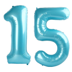 Kelfuoya 40in light blue number 15 balloon, front view, ideal centerpiece for milestone birthdays.