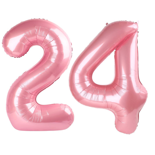 Kelfuoya pearlescent pink 40-inch number 24 balloon creates a dramatic wall centerpiece