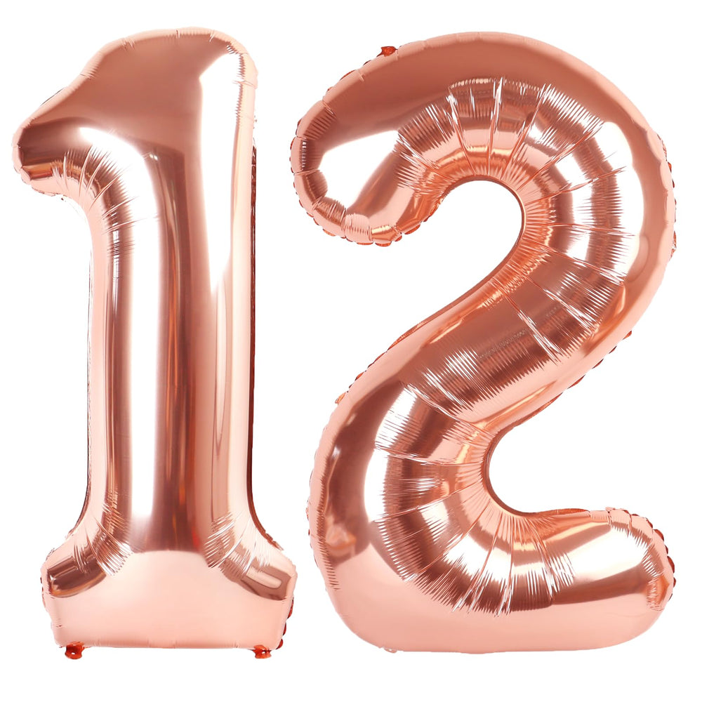 Kelfuoya rose gold 40-inch number 12 balloon creates a dramatic birthday or anniversary backdrop.