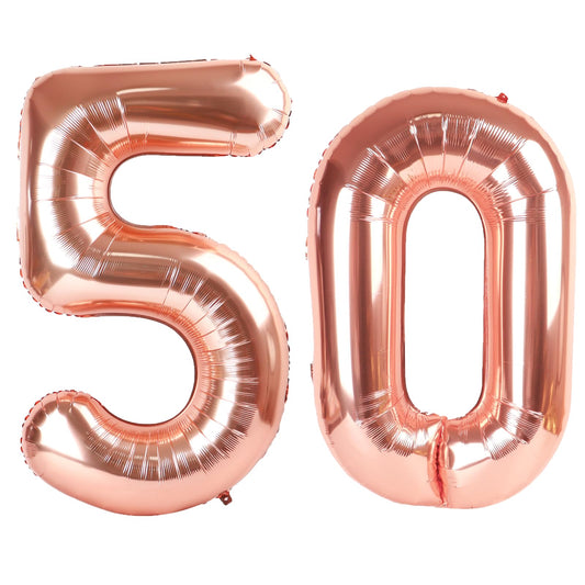 Kelfuoya rose gold number 50 balloon close-up showing premium shine for elegant birthday decor