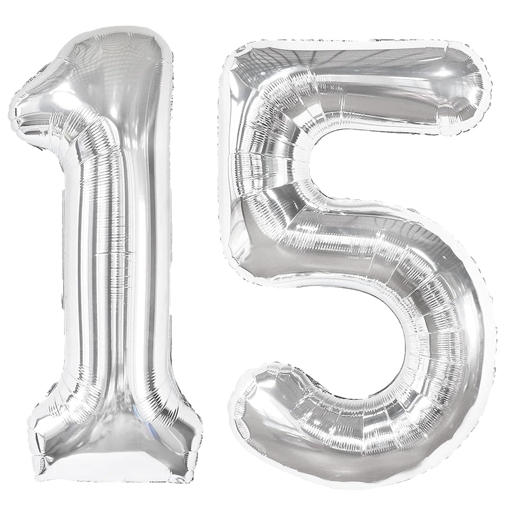 Kelfuoya silver 15-number balloon front view, 40-inch display for birthdays.